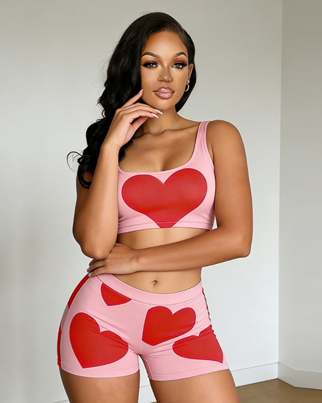 Love Heart Women Printed Cute Two Piece Short Set S-L