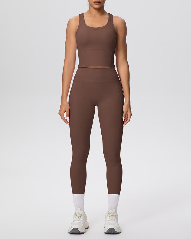 OEM Printed Logo Solid Color Women Sporty Two Piece Yoga Set Pant Set S-XL