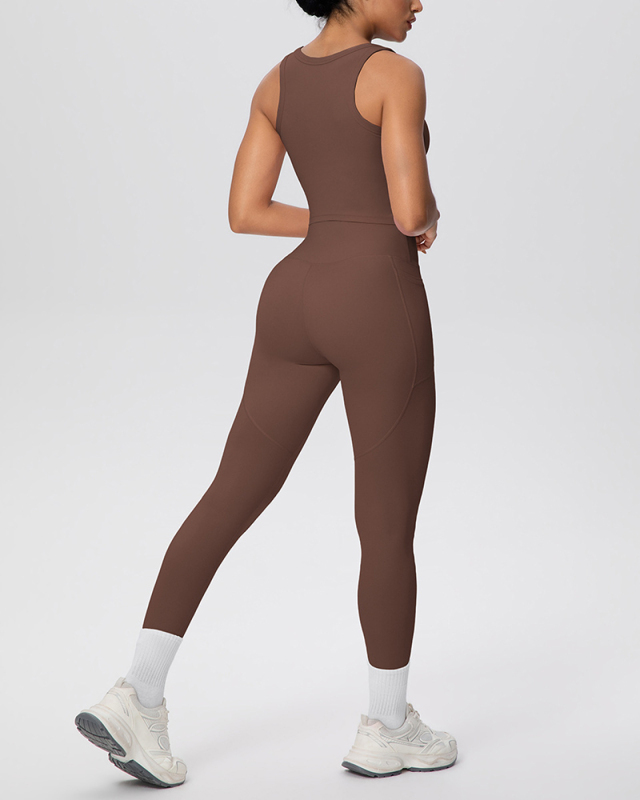 OEM Printed Logo Solid Color Women Sporty Two Piece Yoga Set Pant Set S-XL