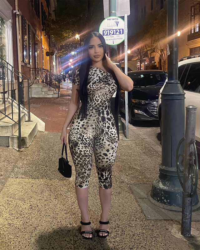 Leopard Printed Irregular Shoulder Women Jumpsuit S-XL