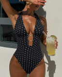 V-neck Black Dot Printed Sexy One Piece Swimsuit S-L