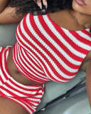 Red Stripe Women Cute Summer Two Piece Short Set S-L