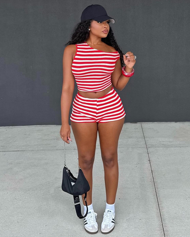 Red Stripe Women Cute Summer Two Piece Short Set S-L