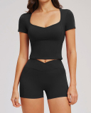 OEM Wholesale Logo Printed Women Sport Yoga Short Sleeve T Shirt With Shorts S-XL