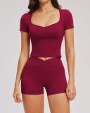 OEM Wholesale Logo Printed Women Sport Yoga Short Sleeve T Shirt With Shorts S-XL