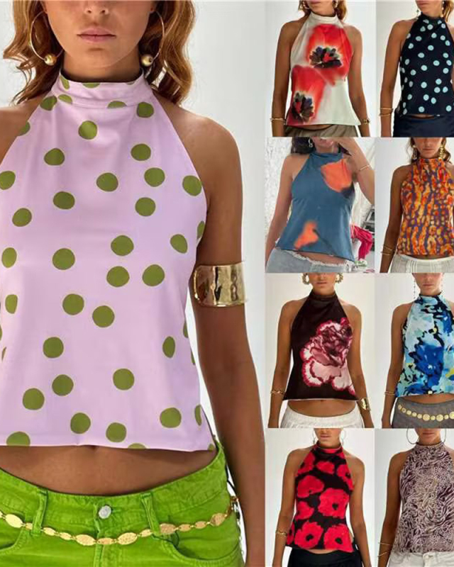 Women Sleeveless Flowered Halter Neck Sexy Vest S-L