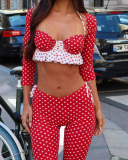 Women Long Sleeve Dot Halter Neck Pants 3-Piece Set Red S-XL
