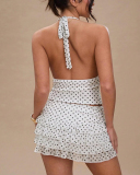 Women Halter Neck Dot Printed Sexy Skirt Set Two Piece Set S-XL