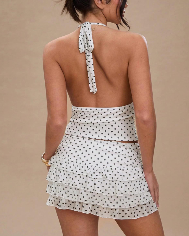 Women Halter Neck Dot Printed Sexy Skirt Set Two Piece Set S-XL