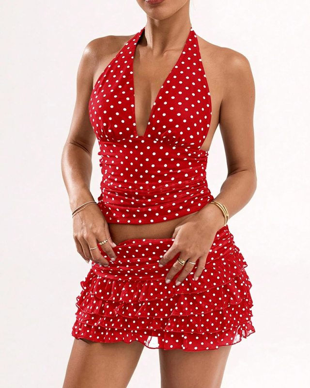 Women Halter Neck Dot Printed Sexy Skirt Set Two Piece Set S-XL