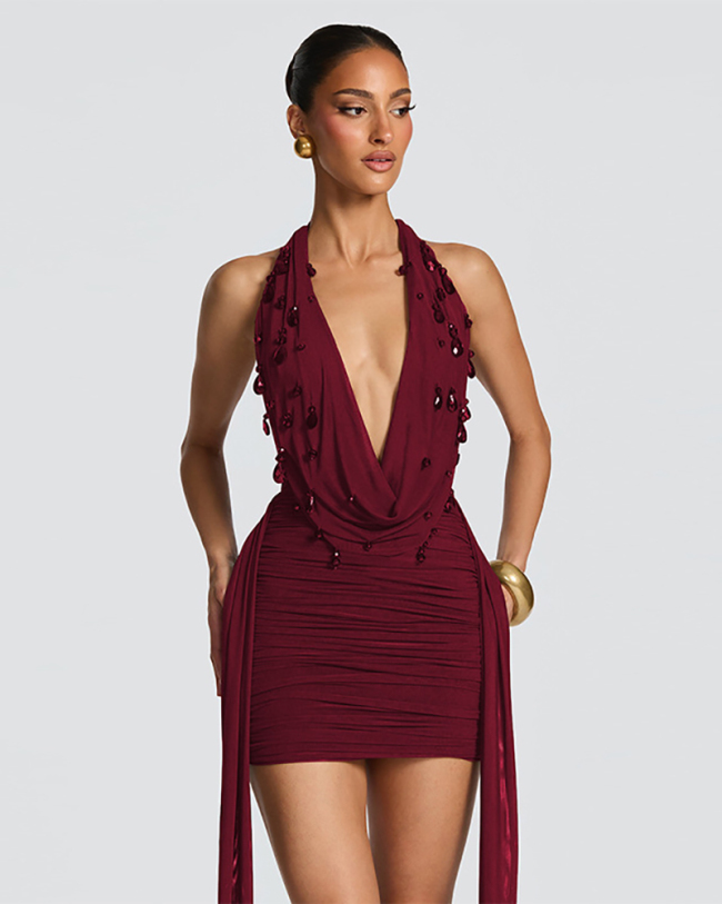 Deep V-neck Women Sexy Party Mini Dress S-L
