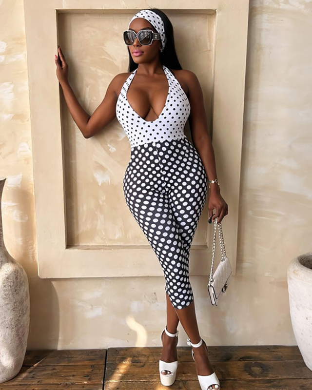 Polka Dot Printed Open Back Women Jumpsuit S-L