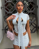 Polka Dot Printed Cute Girl Summer Two Piece Skirt Set S-L