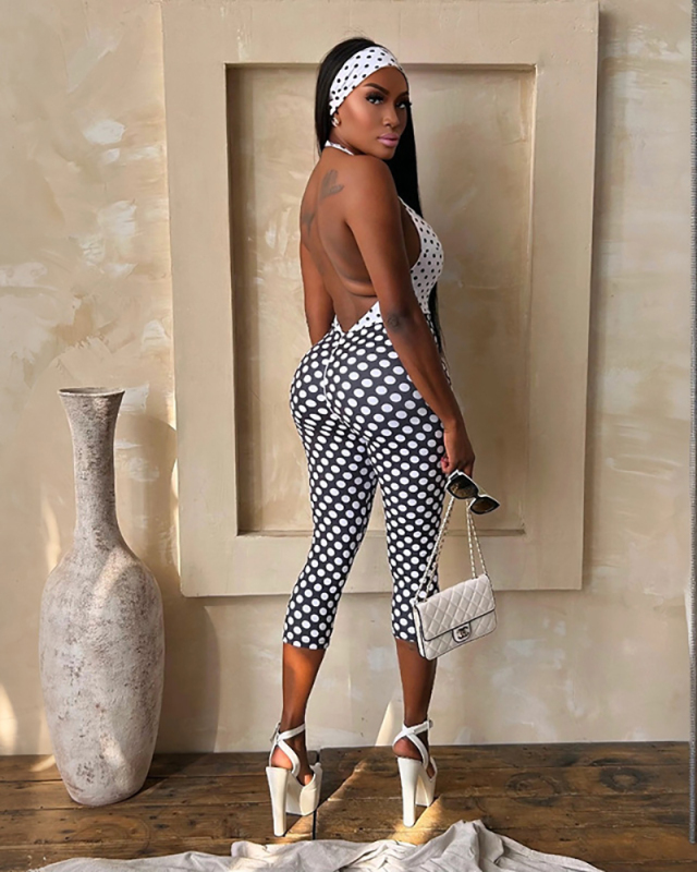 Polka Dot Printed Open Back Women Jumpsuit S-L