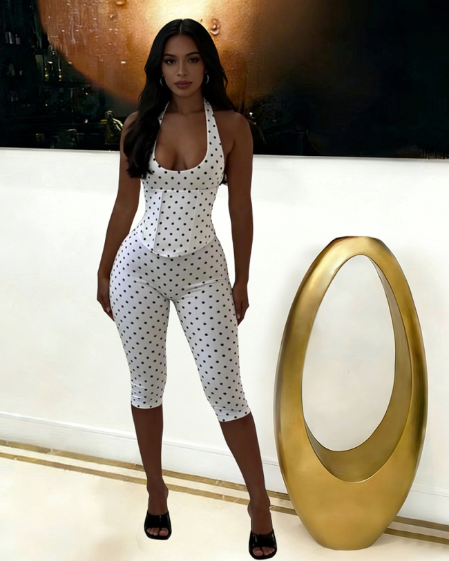 Polka Dot Printed Women Skinny Girl Two Piece Short Set S-XL