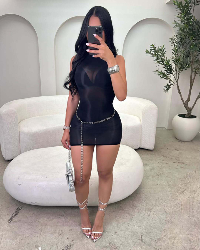 Sleeveless Mesh Women Summer Short Dress One Size