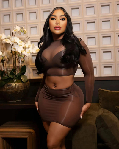 Long Sleeve Women Mesh Two Piece Skirt Set One Size