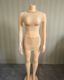 Long Sleeve Women Mesh Two Piece Skirt Set One Size