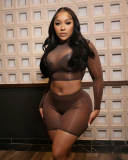 Long Sleeve Mesh Women Two Piece Short Set One Size