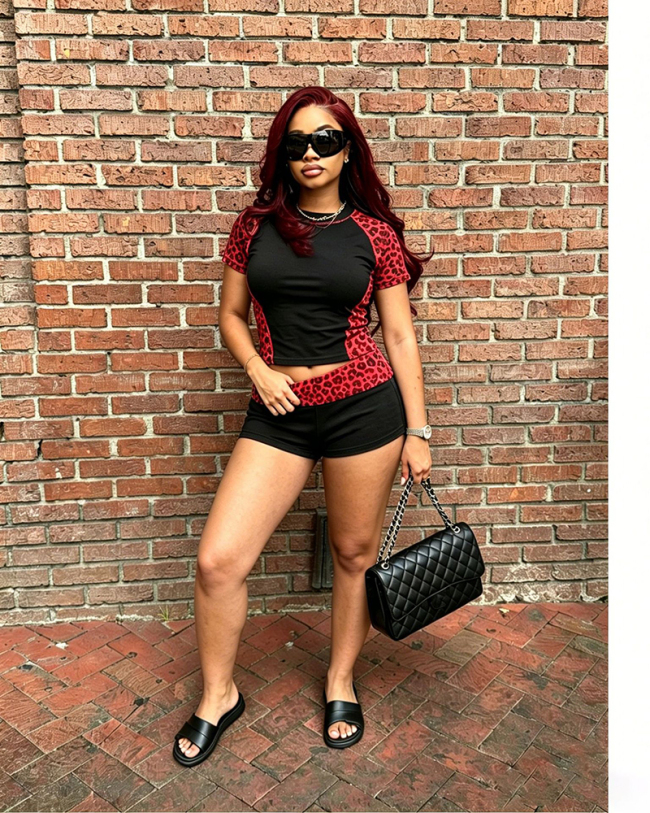 Leopard Printed Summer Hot Two Piece Short Set S-XL