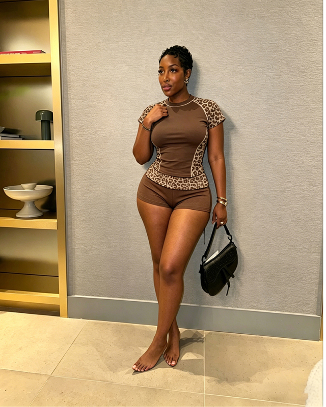 Leopard Printed Summer Hot Two Piece Short Set S-XL