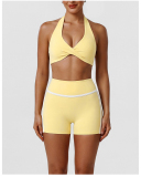 OEM Printed Logo Yellow Yoga Two Piece Short Set S-XL