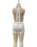 Women Sexy Backless Solid Color Two-piece Shorts Set S-L