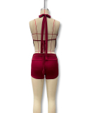 Women Sexy Backless Solid Color Two-piece Shorts Set S-L