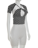 Wome Retro Short Sleeve Halter Neck Backless Romper S-L