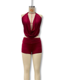 Women Sexy Backless Solid Color Two-piece Shorts Set S-L