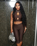 Fashion Women Hollow Out Vest High Waist Two-piece Sets S-L