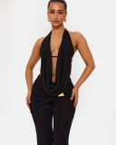 Women Halter Neck Backless Flared Pants Two Piece Sets S-L