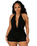 Women Sexy Backless Solid Color Two-piece Shorts Set S-L