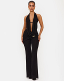 Women Halter Neck Backless Flared Pants Two Piece Sets S-L