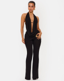 Women Halter Neck Backless Flared Pants Two Piece Sets S-L