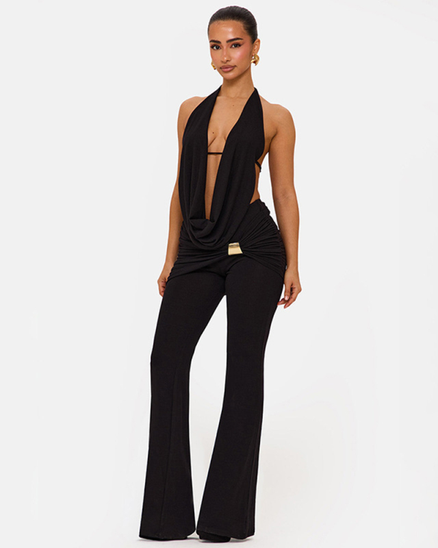 Women Halter Neck Backless Flared Pants Two Piece Sets S-L