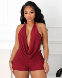Women Sexy Backless Solid Color Two-piece Shorts Set S-L