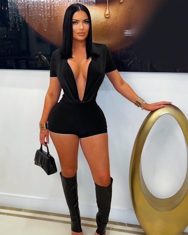 Short Sleeve V-neck Women Sexy Jumpsuit S-XXL