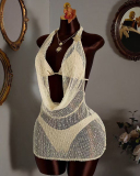 Women Mesh Deep V Neck Sexy Bikinis Set 3pcs Swimwear Set S-L