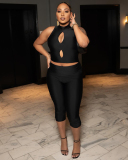 Fashion Women Hollow Out Vest High Waist Two-piece Sets S-L