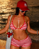  Women Halter Neck Red White Three-piece Swimsuit S-L