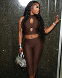 Fashion Women Hollow Out Vest High Waist Two-piece Sets S-L