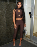 Fashion Women Hollow Out Vest High Waist Two-piece Sets S-L
