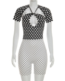 Wome Retro Short Sleeve Halter Neck Backless Romper S-L