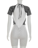 Wome Retro Short Sleeve Halter Neck Backless Romper S-L