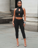 Fashion Women Hollow Out Vest High Waist Two-piece Sets S-L