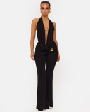 Women Halter Neck Backless Flared Pants Two Piece Sets S-L