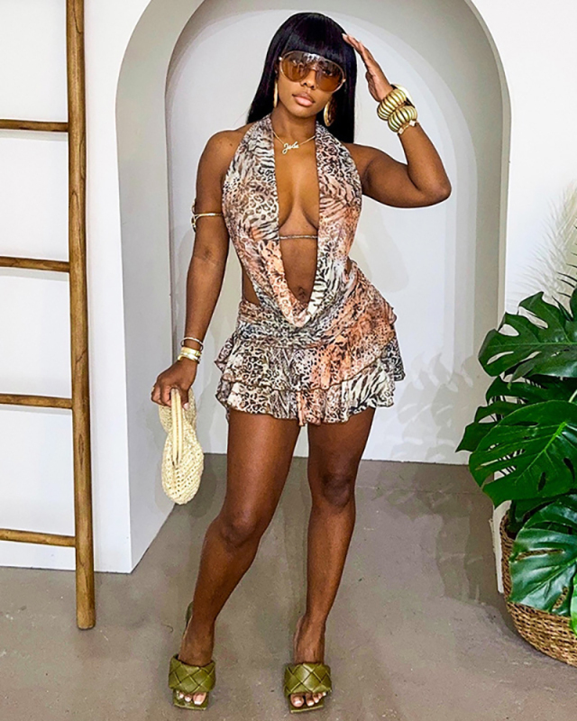Leopard Printed Women Open Back Sexy Dress S-L