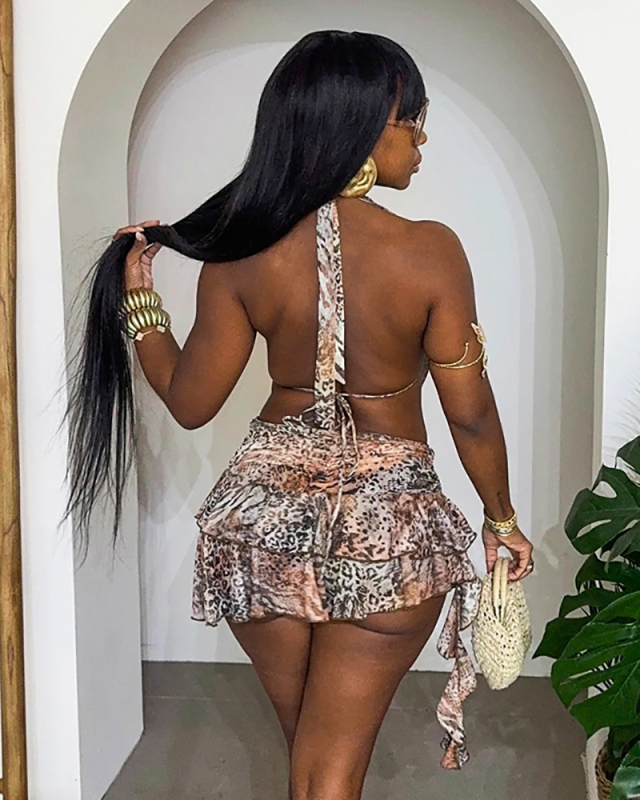 Leopard Printed Women Open Back Sexy Dress S-L