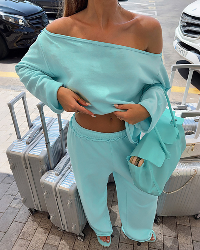 Solid Color Long Sleeve Light Blue Two Piece Pant Set S-L